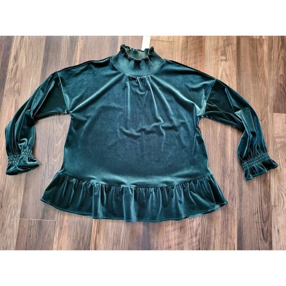 New Soft Surroundings Floriana Green Velvet Long Sleeve Ruffle Trim High Neck M - Picture 4 of 8